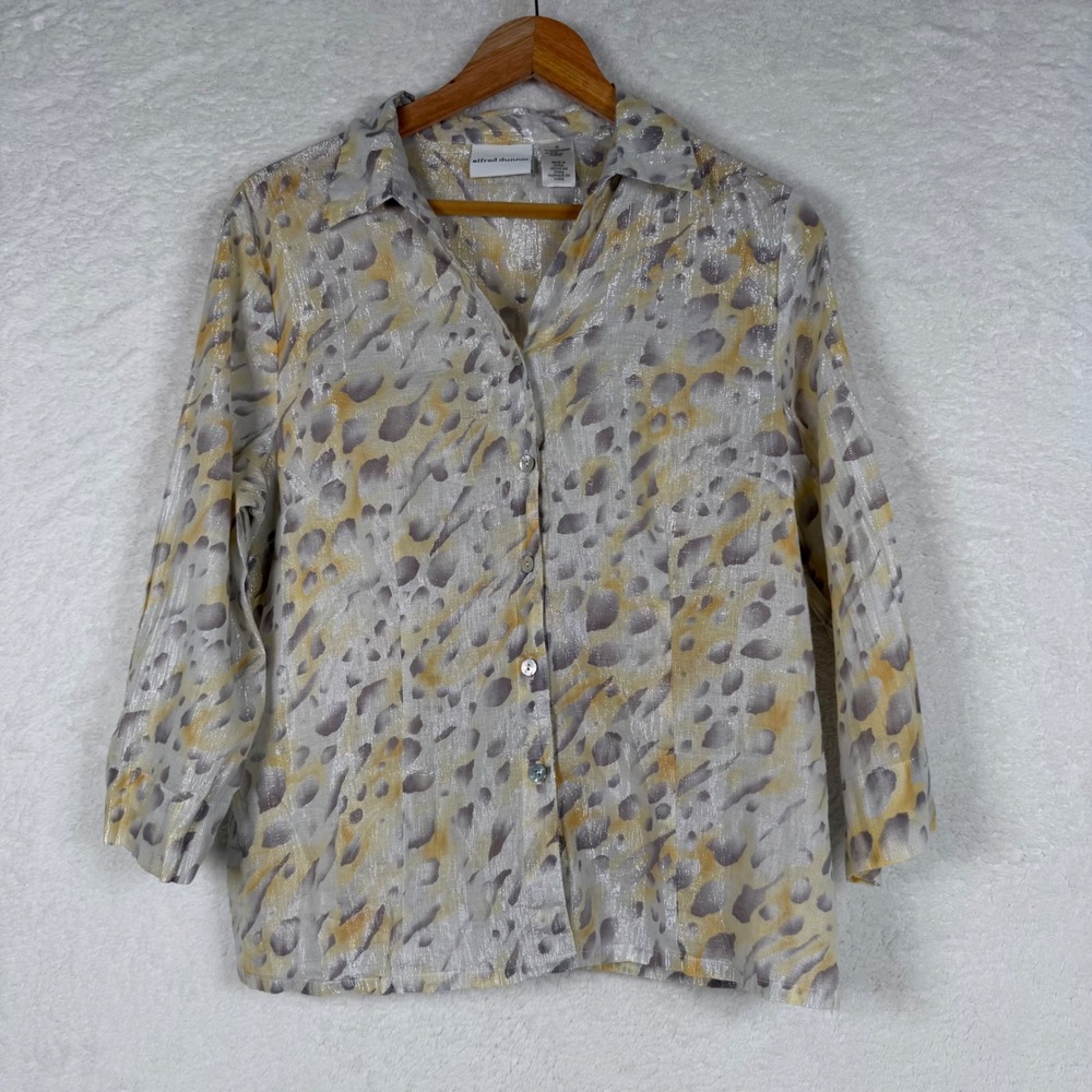 Alfred Dunner Blouse Womens 12 Yellow Grey Animal Print Metallic Cinched Back